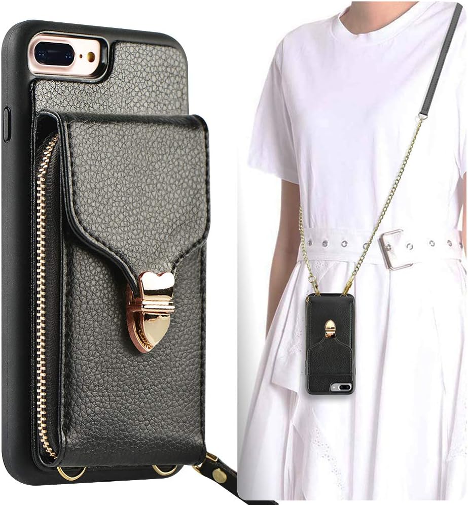 iPhone 8 Plus Wallet Case,iPhone 7 Plus Leather Wallet Case,JLFCH Leather Zipper Wallet Case Fashion Buckle,Detachable Wrist Strap + Crossbody Strap,Fit Apple iPhone 7/8 Plus,5.5 inch,Black