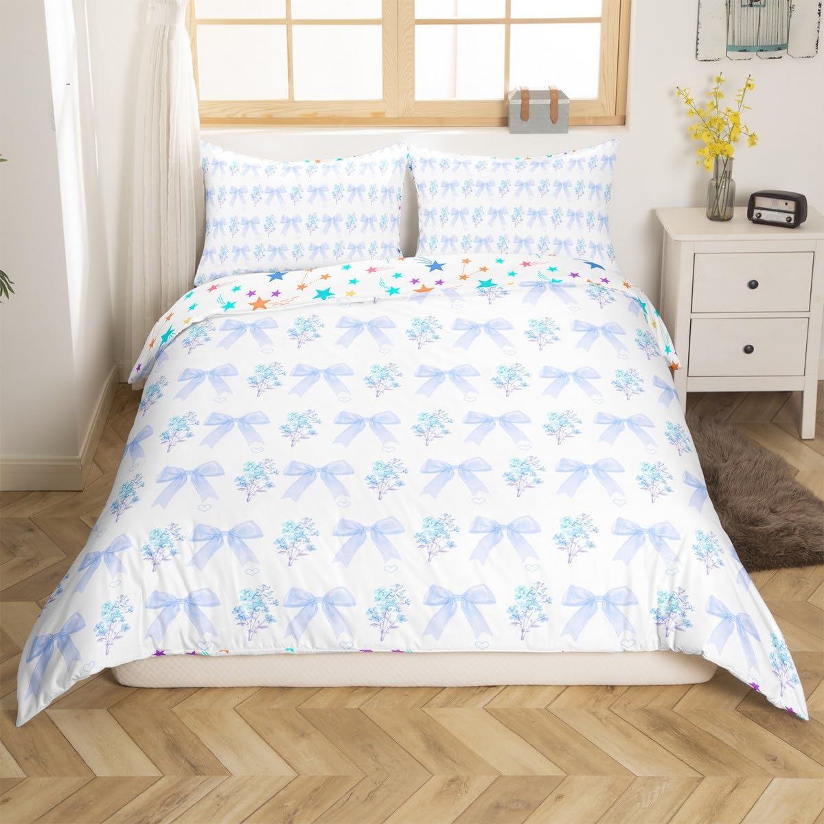 Manfei Blue Bow Duvet Cover Set Single Size, Blue Flower Bowknot Bedding Set 2pcs, Cute Floral Comforter Cover - Image 3
