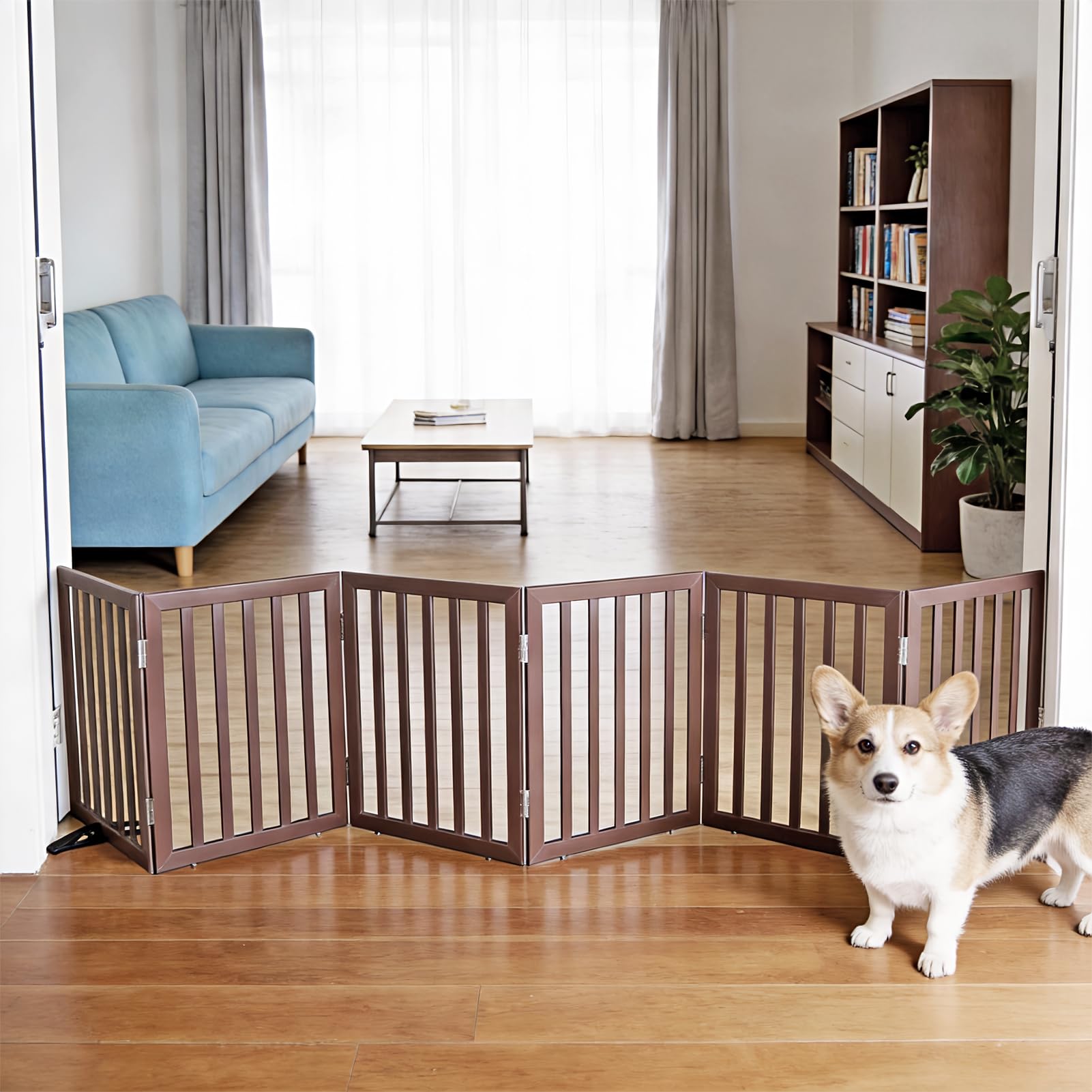 SFJC Pet Door Indoor, Freestanding Dog Fence for The House, Doorways, Hallways,or Stairs,Pet Gate Foldable Wooden,Expandable 24" Height 6 Panels,Brown