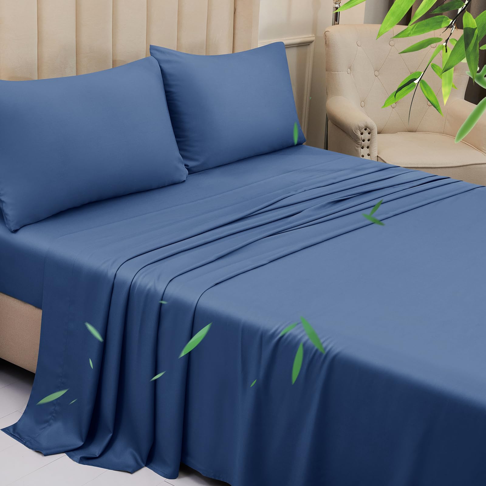 YIYEA Sábanas de bambú tamaño matrimonial – Juego de sábanas de viscosa de bambú 100 % orgánico con 2 correas de soporte, bolsillo profundo de 40.6 cm, ultra suaves, transpirables y refrescantes para