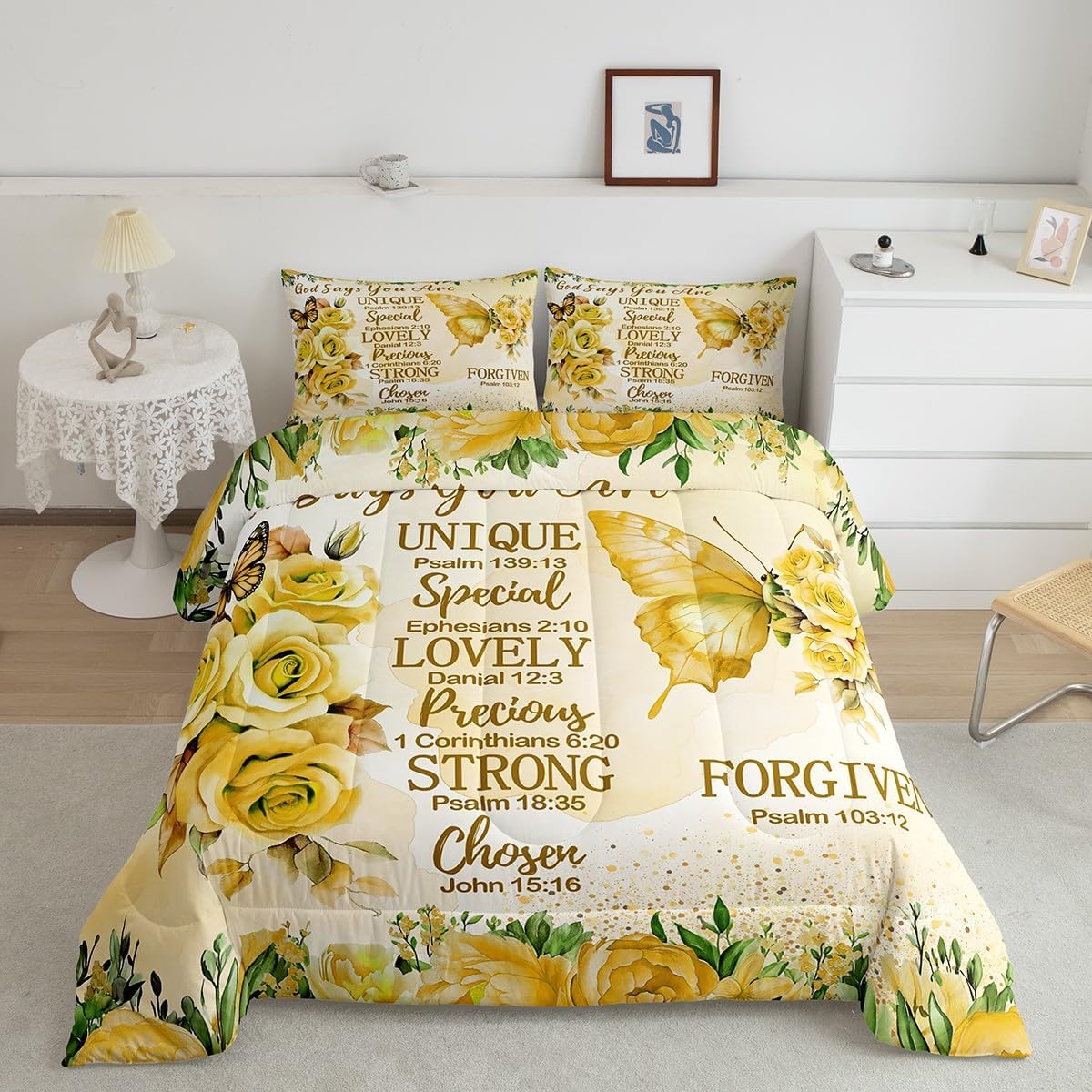 Erosebridal Boho Yellow Butterfly Twin Comforter Set for Girls Inspirational Quotes Bedding Sets for Kids Teens Adults Lemon Yellow Rose Colorful Floral Quilt Bohemian Butterflies Chic Duvet Insert