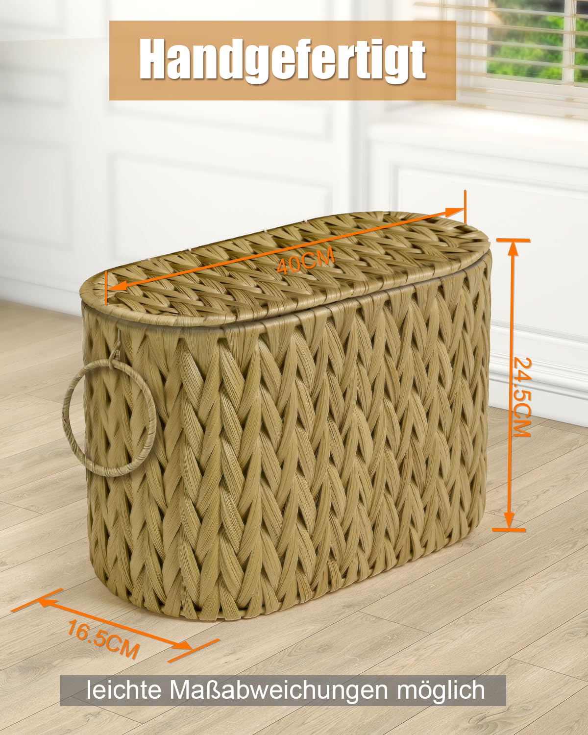 Handgefertigter Rattan-Korb für Toilettenpapier mit Deckel, Zeitschriftenhalter, integriertes Design, Aufbewahrungsbehälter für Klopapier, WC Papier Aufbewahrung, Haushaltswaren-Organizer Gelb