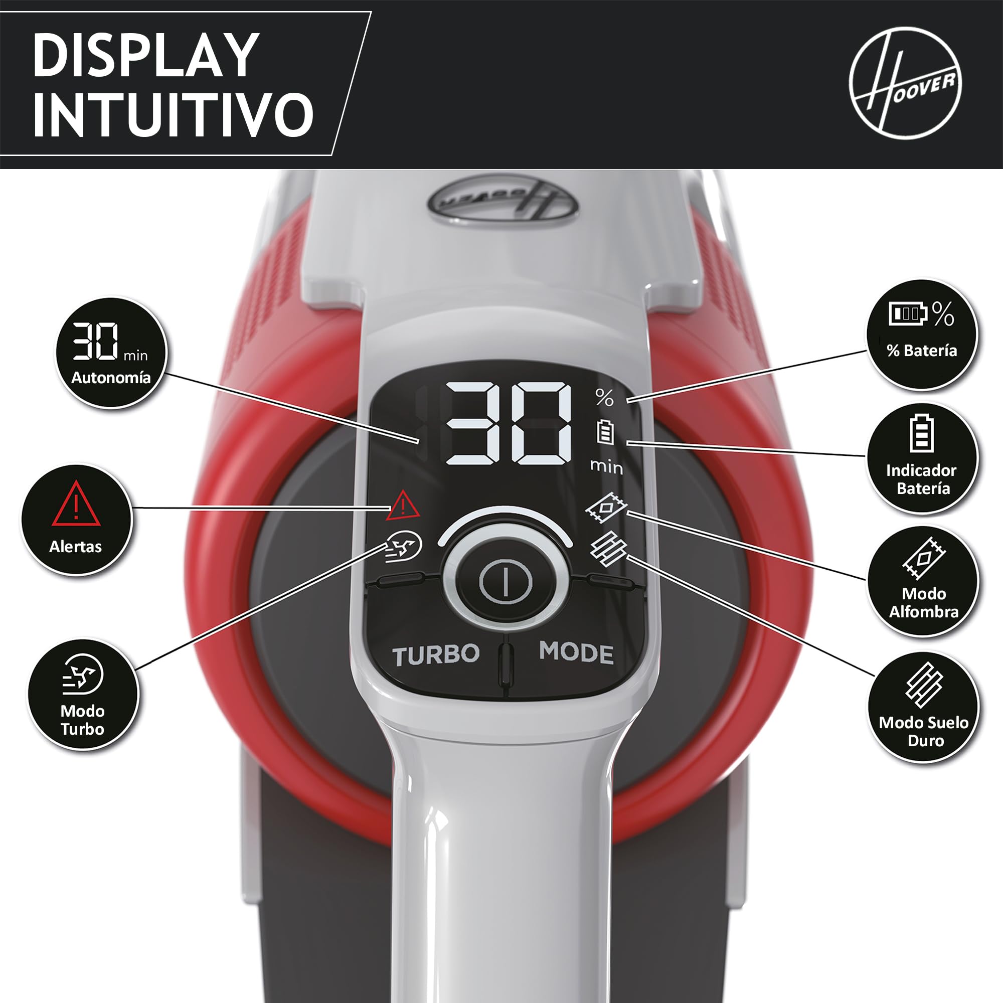 Hoover HF9 Home HF910H, Aspiradora Escoba sin Cable, sin Bolsa, 3 en 1, Escoba, de Mano y Vertical, Cepillo Antienredos, Autonomía 30 min, Color Gris/Rojo
