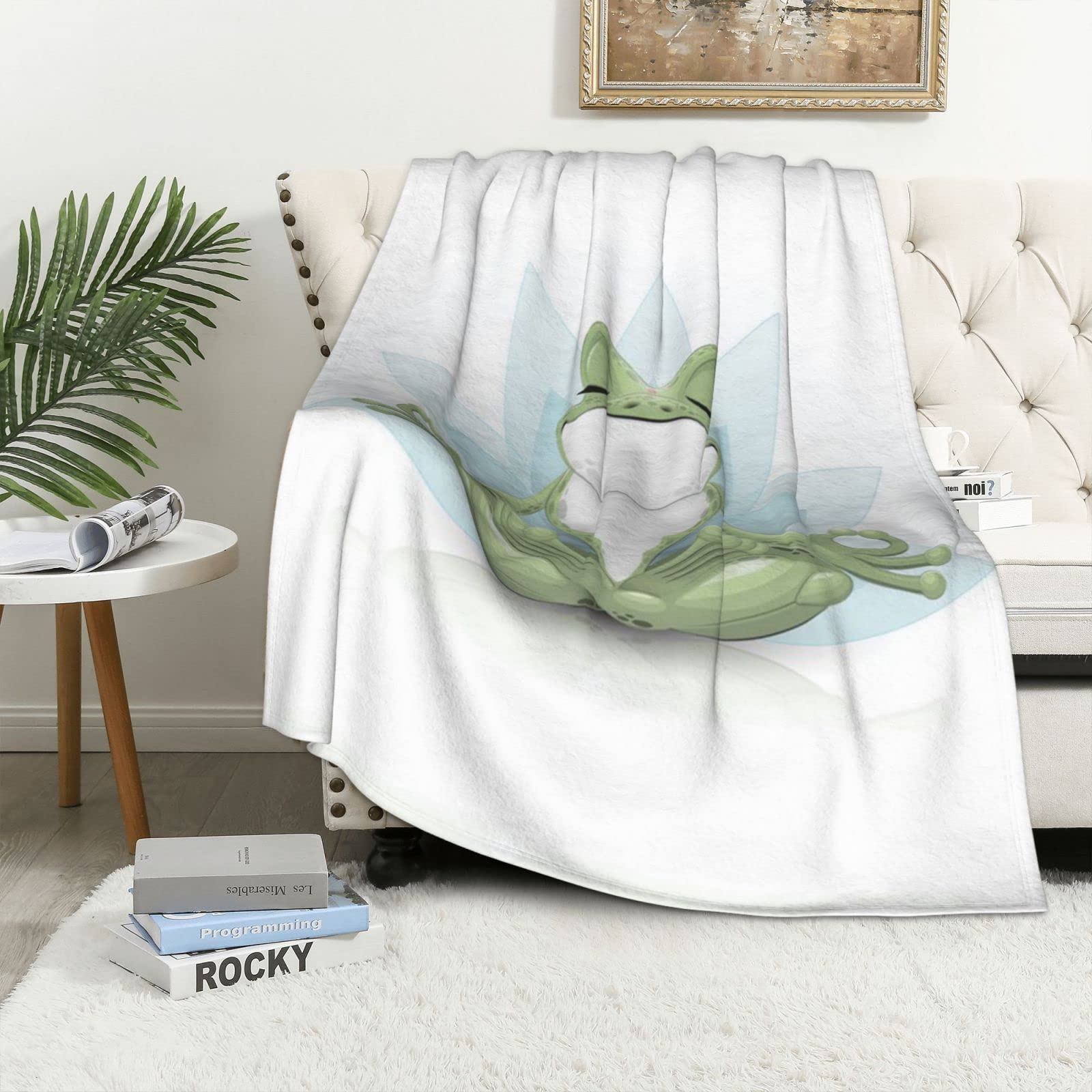 Couverture en flanelle grenouille de yoga plaid polaire thermique pour lit et canapé 101x127 cm