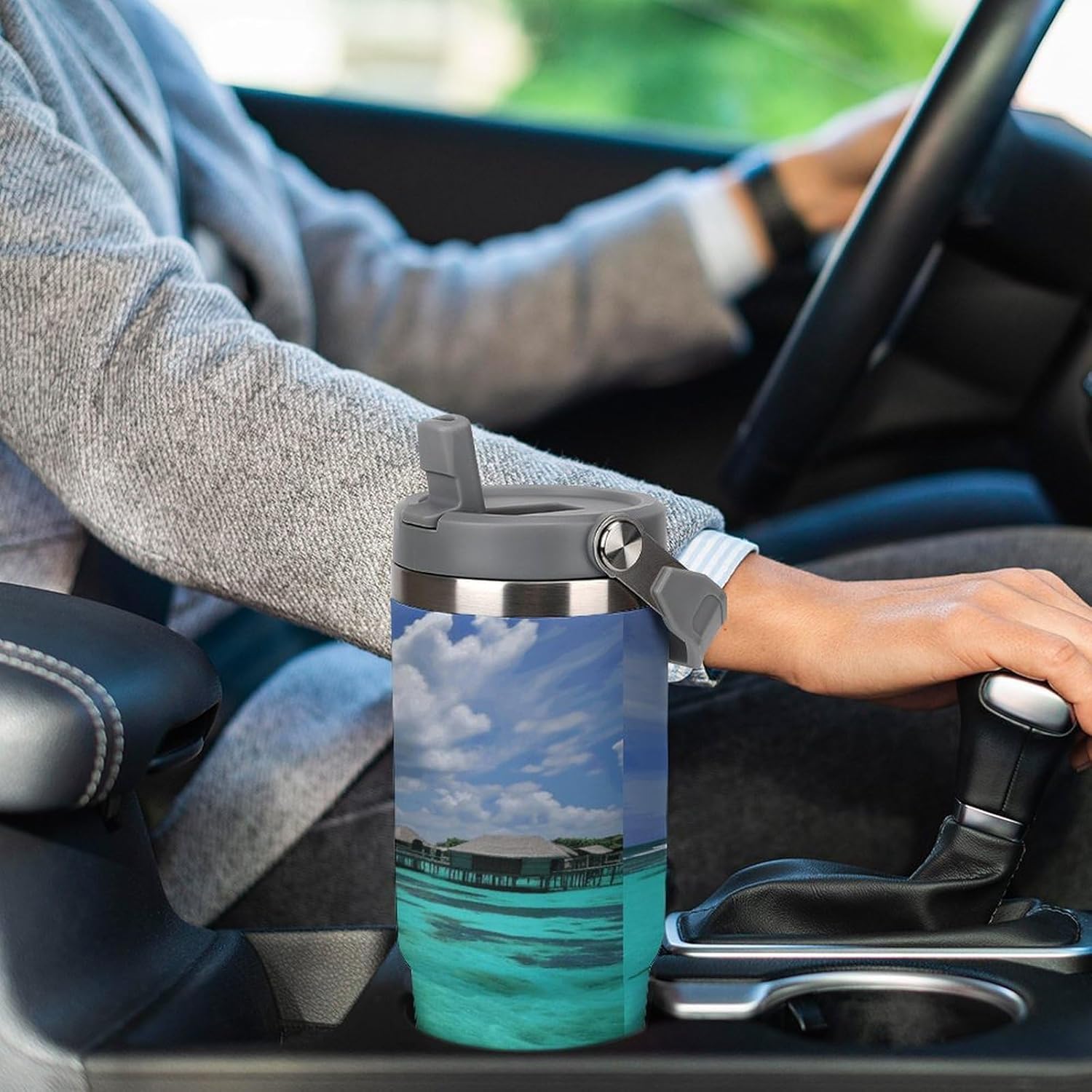 30oz Insulated Tumblers with Top Handle, Stainless Steel Maldives Scenery Car Cup with Straw for Gift, Leak-Proof Double Wall Vacuum Travel Mug, Personalized Water Bottles White