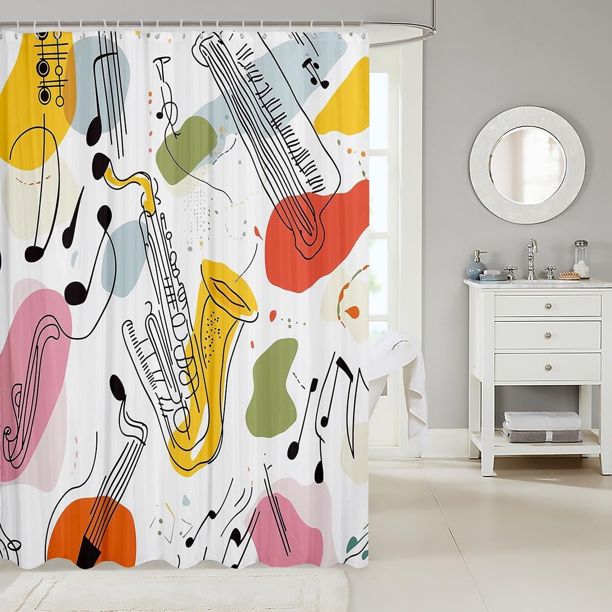 Music Fabric Shower Curtain Watercolor Saxophone 72" W X 72" L Shower Curtain Kids Boys Girls Colorful Musical Notes Bathroom Shower Curtain Sets Music Theme Instrument Bathroom Accessories image 2