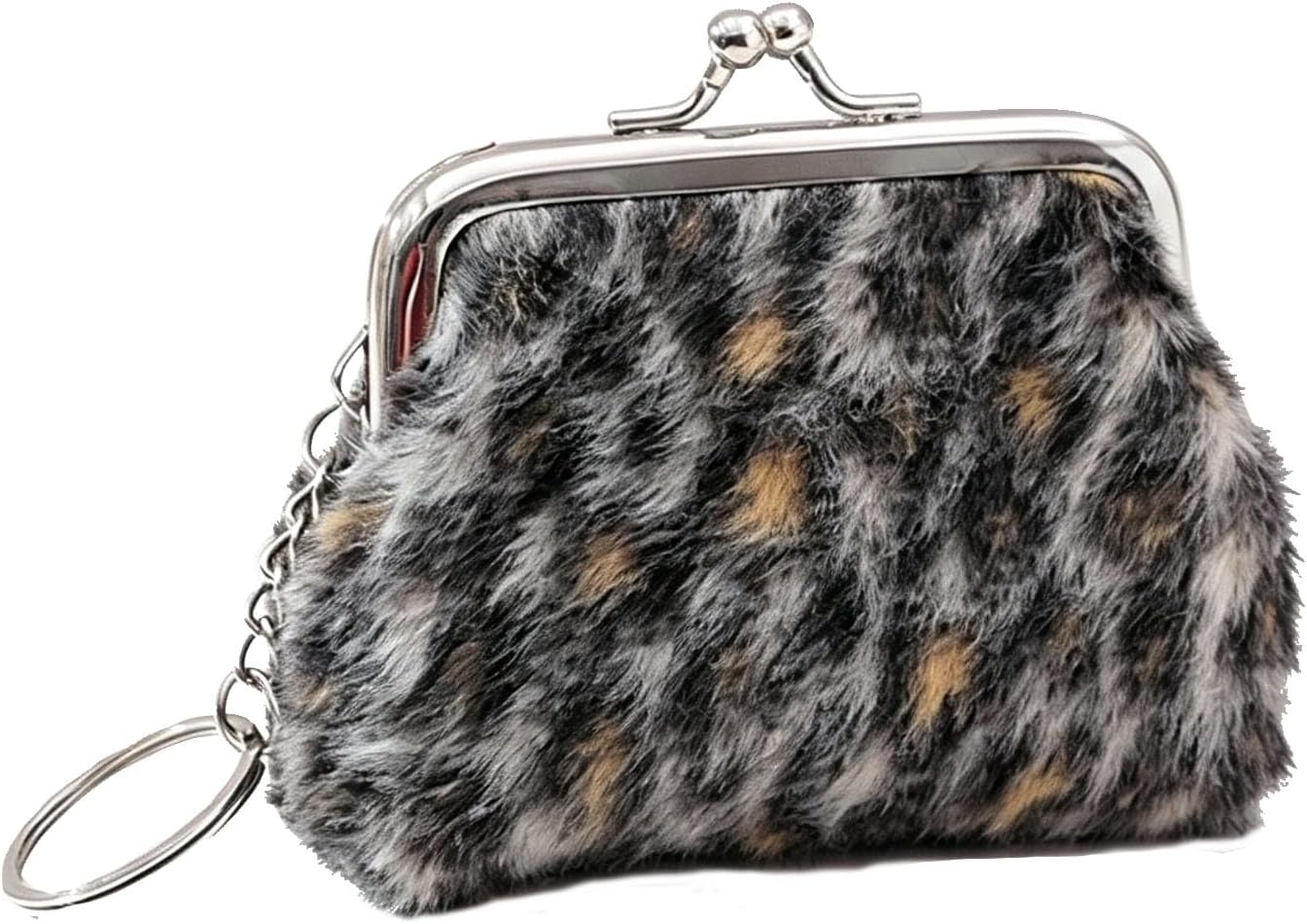 Cute Plush Kiss-Lock Coin Purse Faux Fur Mini Keychain Pouch for Women Girl