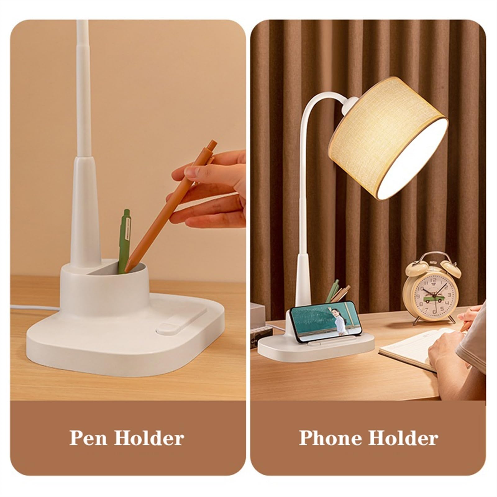 Lampa biurkowa Lampa biurkowa LED z abażurem tkaniny, regulowana w zakresie 360° lampa Lampka do czytania uchwytem na długopis i telefon, domowego biura, przewód zasilający 59"