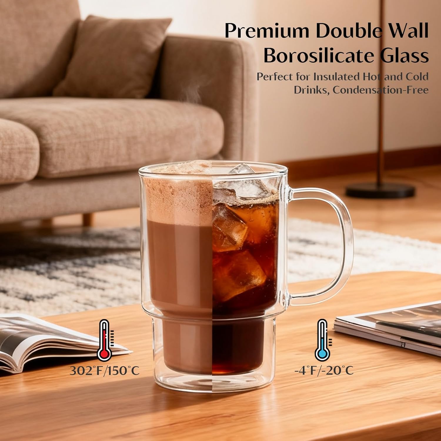 INSETLAN 16oz Double Wall Glass Coffee Mugs Set of 2, Insulated Borosilicate Cups with Handles, Clear Heat Resistant Glasses Mugs for Hot Beverages, Cappuccino, Espresso, Latte, Tea - Image 4