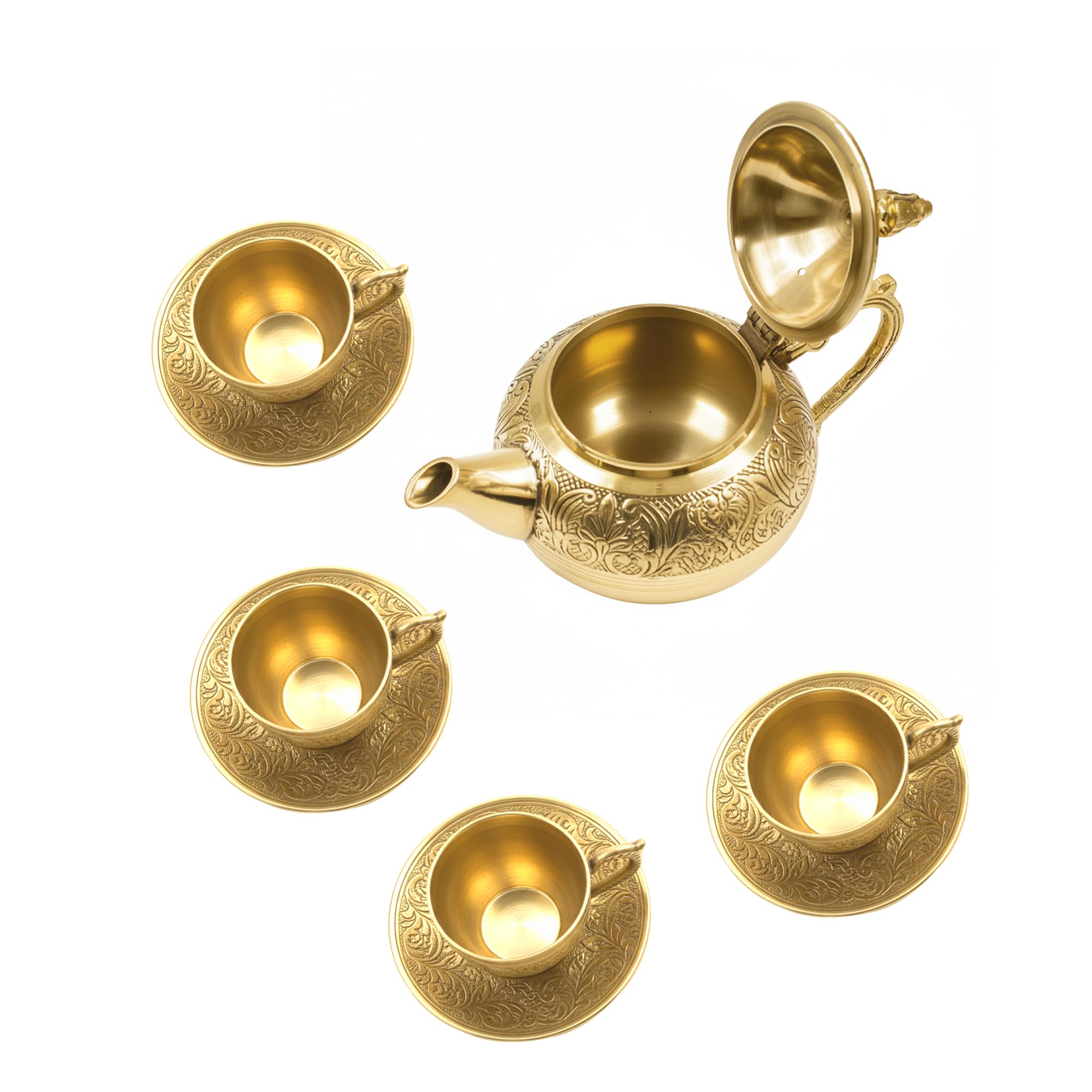 Moongil Traditional Handcrafted Brass Tea Kettle|Tea Pot|Engraved Design|Coffee Pots |Serving Tea and Coffee Beverages| Antique Look Kettle - Tea Pot with Cup and Saucer Set of (4) 1