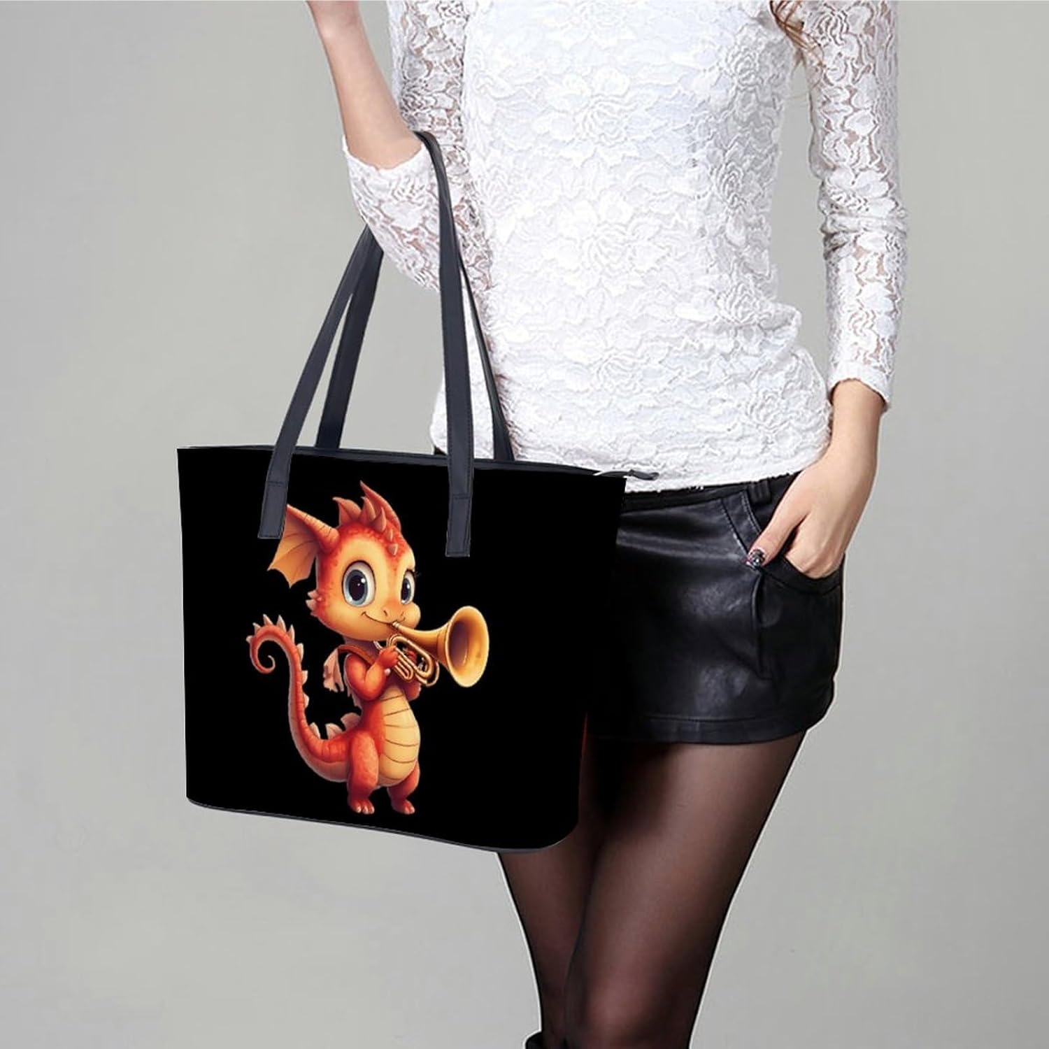 Cute Dragon Playing Horn Women's Satchel Handbags Tote Shoulder Bag Purses for Travel Shopping Work