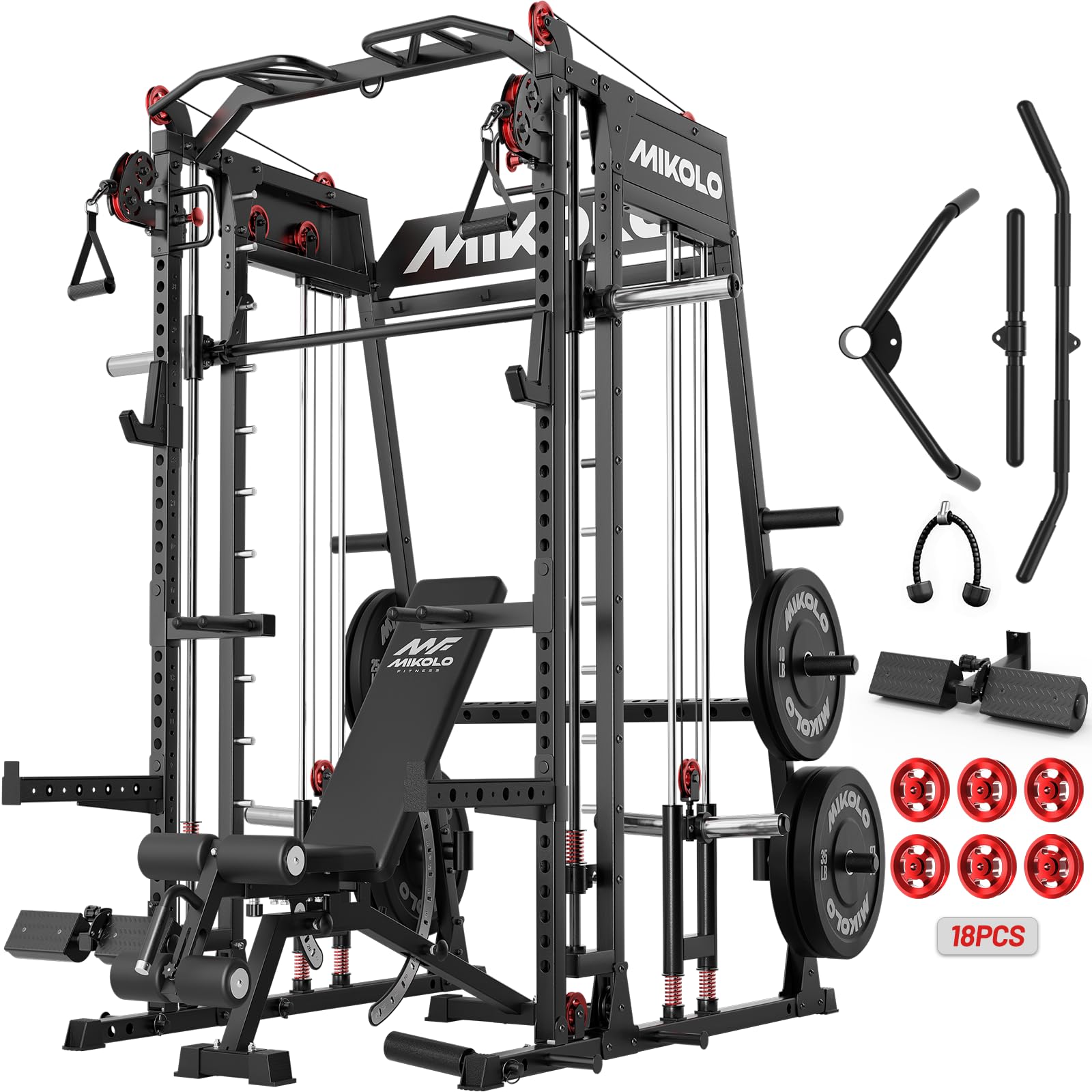 Mikolo M4 2.0 Smith Machine, 2200lbs Squat Rack with LAT-Pull Down System &amp; Cable Crossover Machine, Training Equipment with Leg Hold-Down Attachment