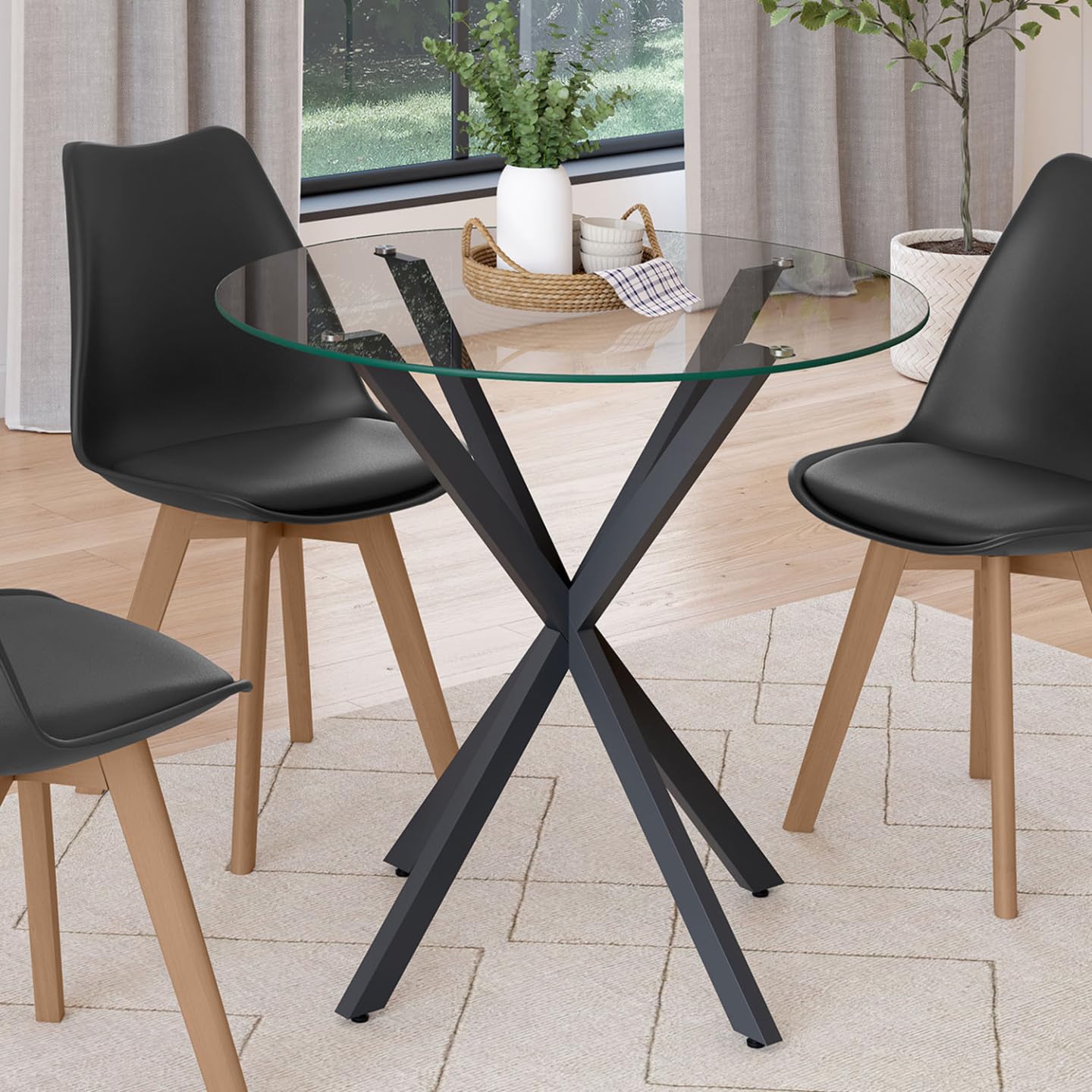 IDMarket - Tavolo da pranzo rotondo per 4 persone ALIX con gamba a ragno nera e piano in vetro da 80 cm