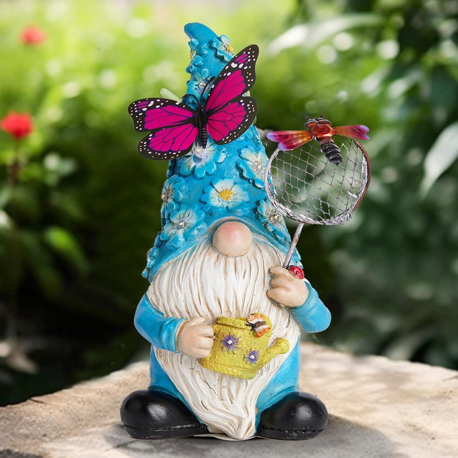 Garden Gnome Statues Outdoor Decor Solar Gnomes with Butterfly on LED Lighted Flowers, Resin Blue Gnomes Sculpture for Patio Yard Lawn Onament Decoration - Image 6
