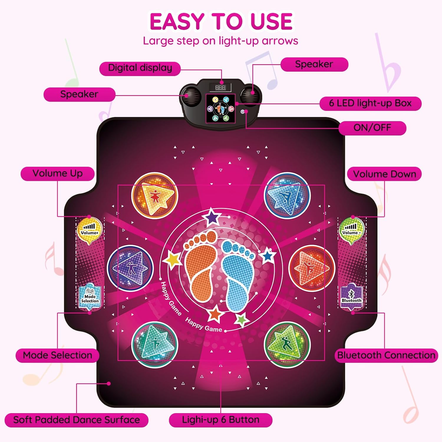 Electronic Dance mat for kids,Upgraded Light-up 6-Button Dancing Pad,Wireless Bluetooth toys,Birthday Christmax Musical Gifts for boys girls,Built-in Music Playmat,Ages 3 4 5 7 8 9 10 11 12+ Year Old - Image 4