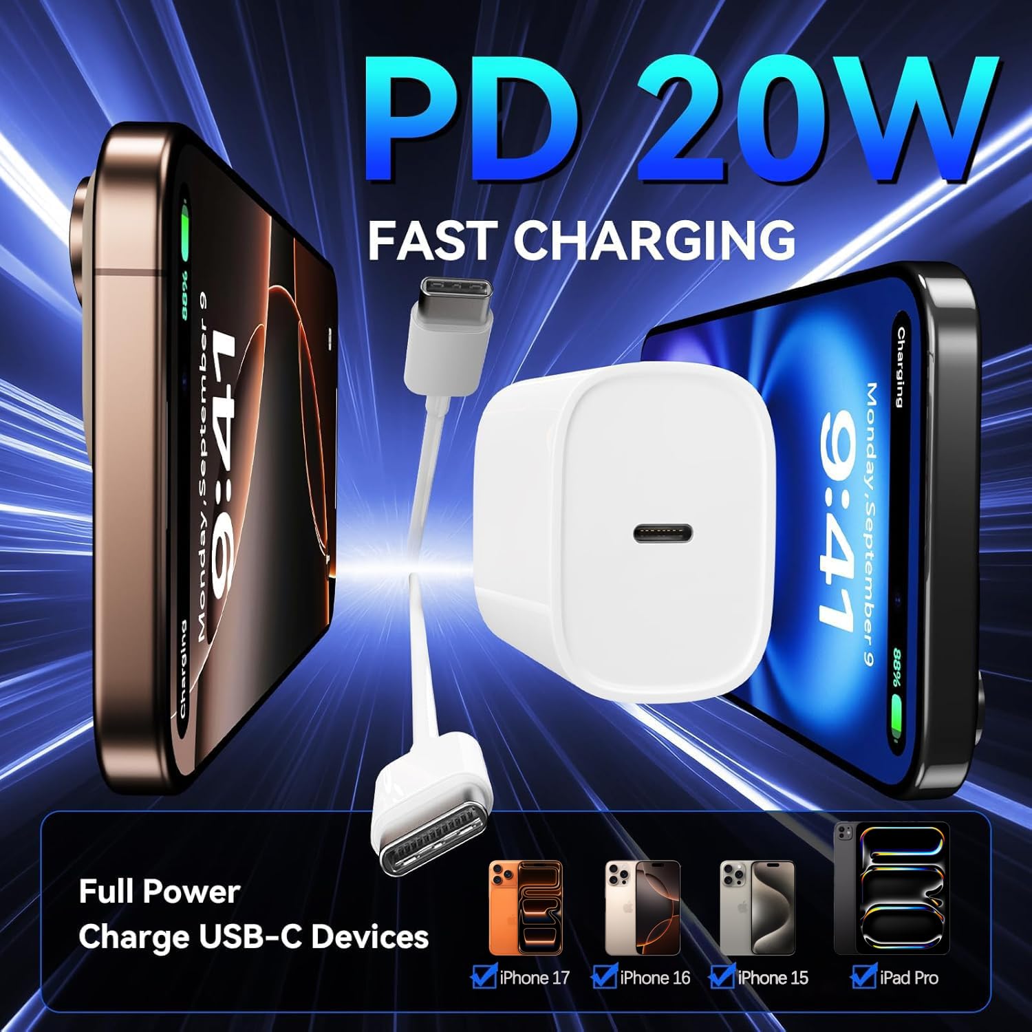 Cargador rápido para iPhone 17, 16, 15, paquete de 2 unidades de 20 W USB C con cable de carga rápida de alta velocidad tipo C de 6 pies para Apple iPhone 17 Pro Max/Pro/Pro/Air, iPhone 16/15 Pro Max