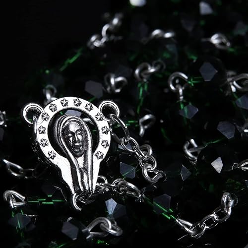 Vista 3 de Rosario de cristal verde esmeralda, cuentas de oración católicas, regalos religiosos para hombres y mujeres, 20 pulgadas de largo y crucifijo de 1