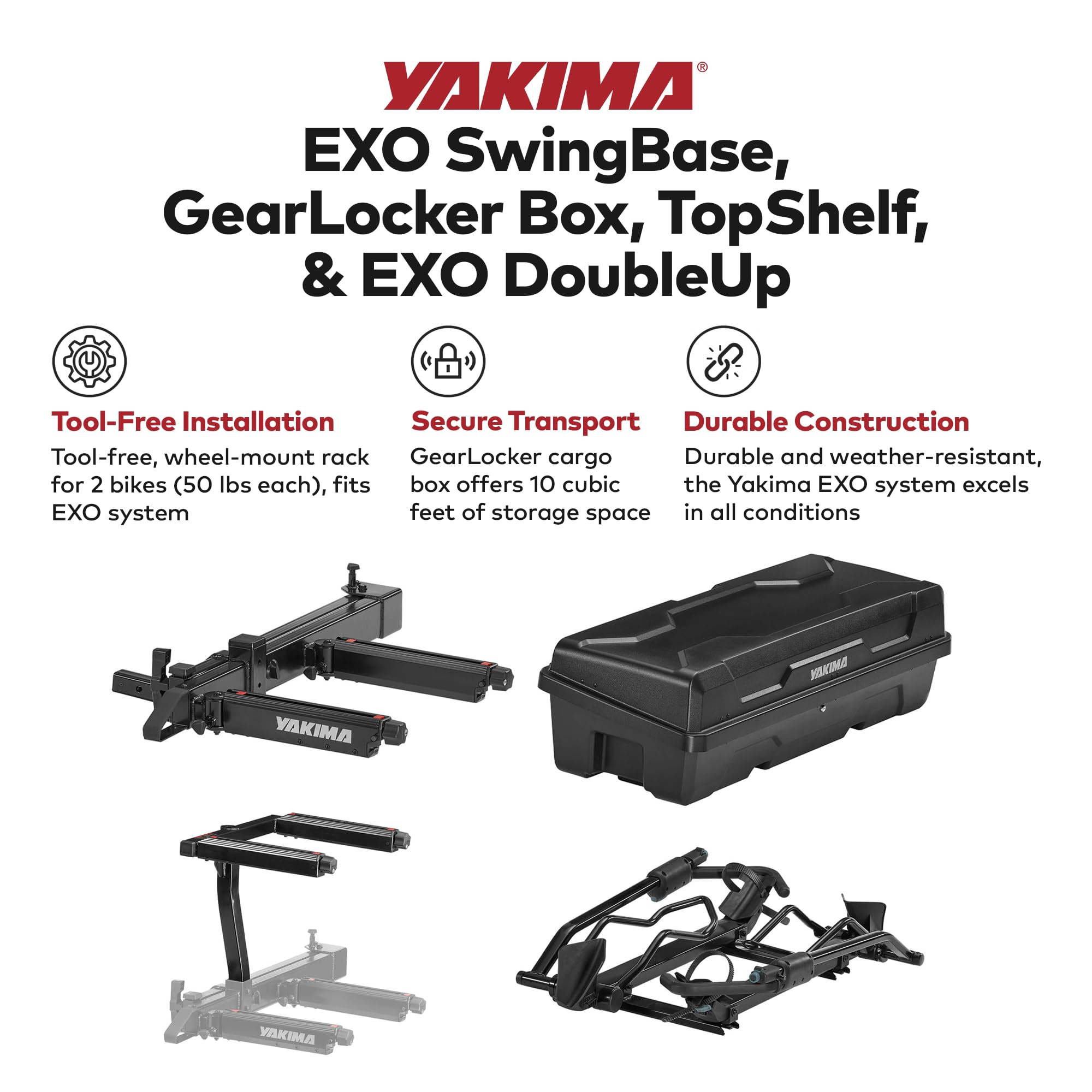 Yakima EXO SwingBase Hitch Bike Rack, EXO GearLocker Rooftop Box, TopShelf Hitch Base Rack Storage and DoubleUp, Black