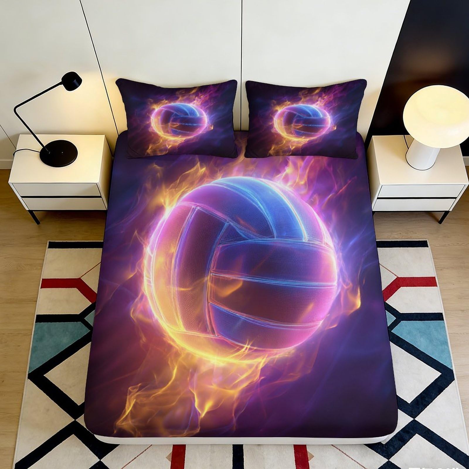 3D Printed Flaming Volleyball Fitted Sheet Microfiber Soft Breathable Neon Sports Bed Cover for Bedroom Dormitory Guest Room Mattress Protection 180x200x25cm