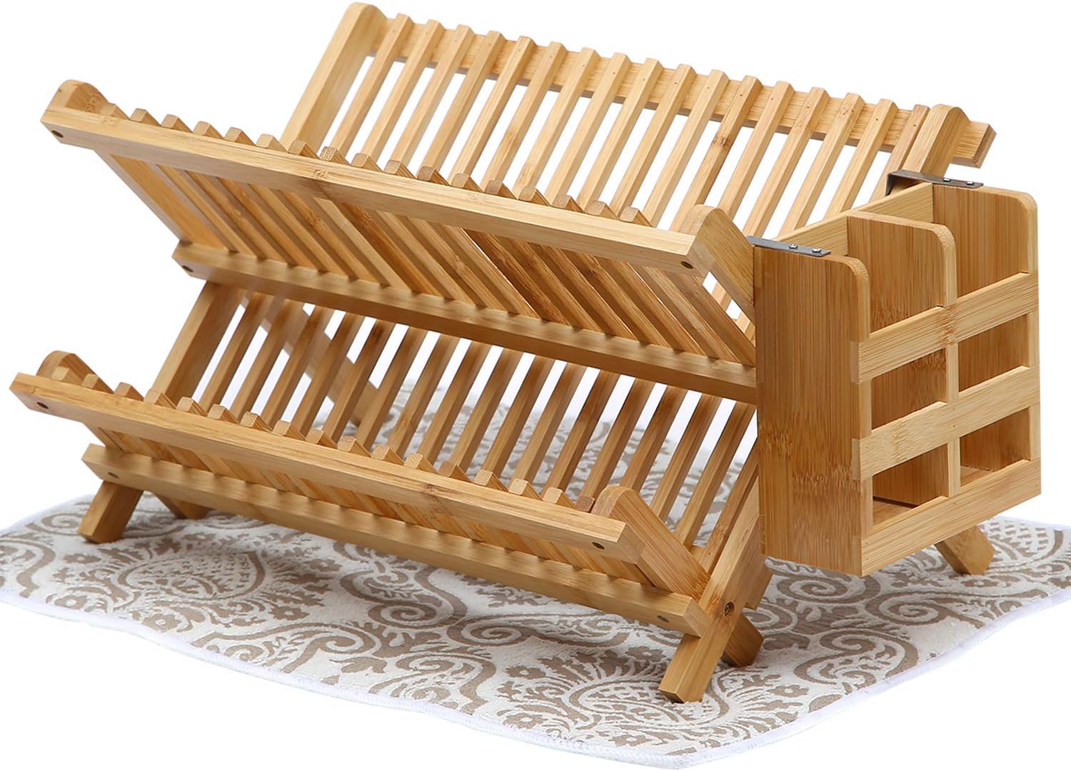 EUOTEO Leihui Collapsible Bamboo Dish Drying Rack with Utensil Holder and Drying Mat, Folding Flatware Rack with Silverware Drainer Set, 2-Tier Rack for Plates, Cups, Glasses, Mugs & Bowls
