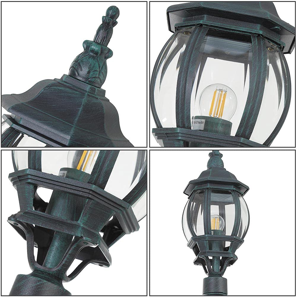 BAKAJI Farola victoriana clásica de jardín de aluminio lámpara farol color gris acabado envejecido verde bronce IP44 E27 (1 luz 200 cm)