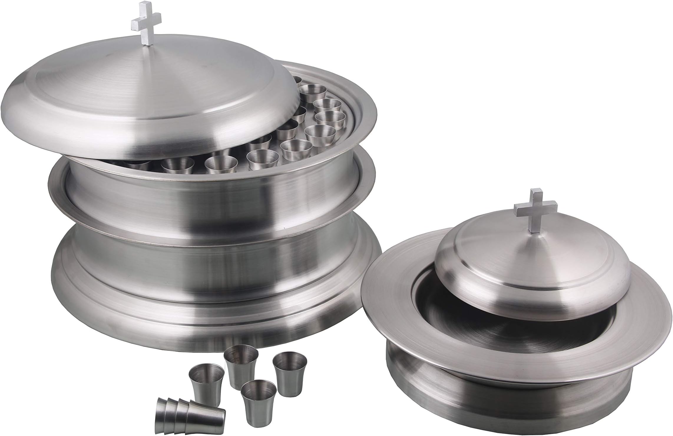 Communion Ware Set of 2 Communion Tray with a Lid, a Base(Without Glasses) and a Stacking Bread Plate with a Lid, a Base - Stainless Steel