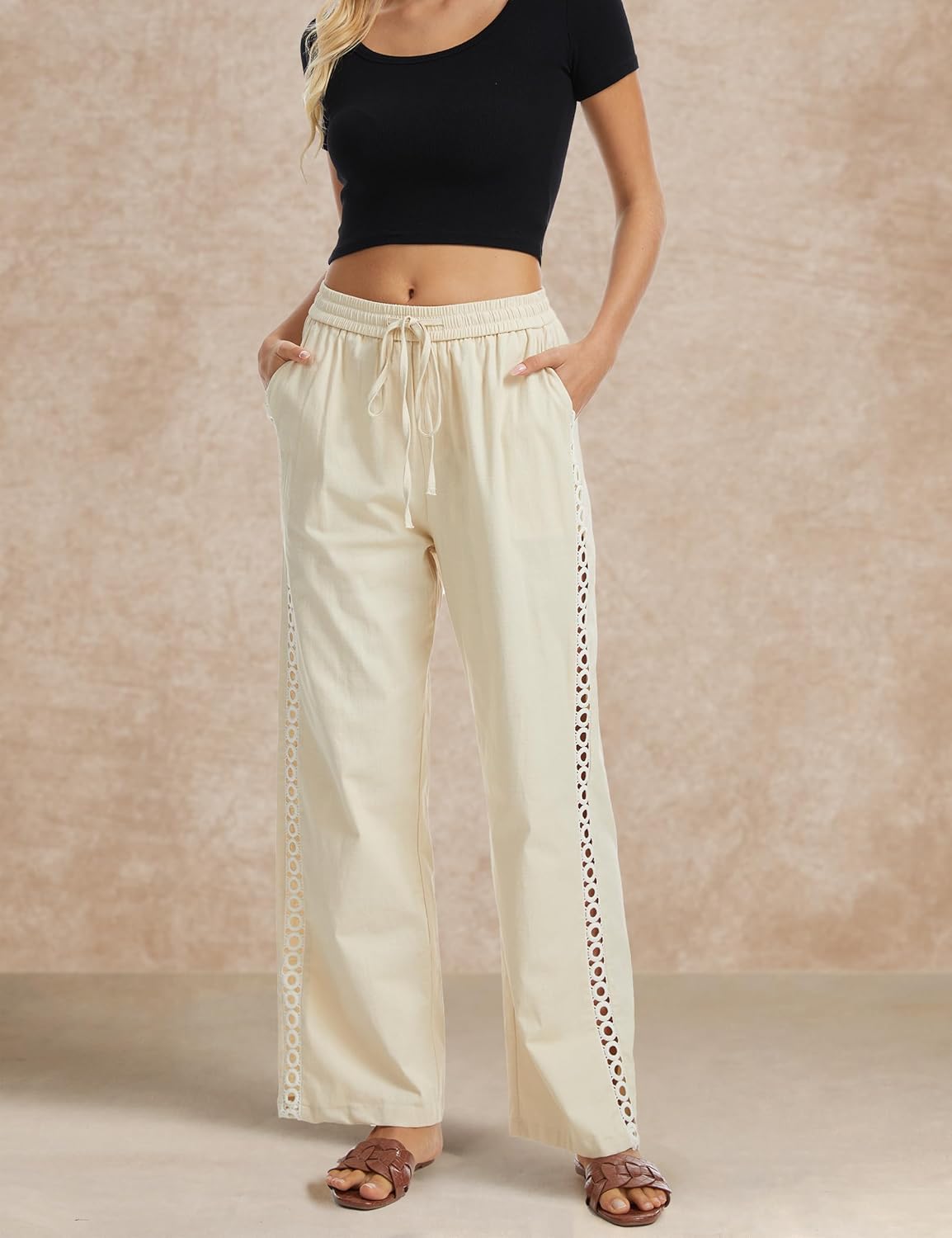 Demoking Womens Linen Pants Wide Leg Casual Palazzo Drawstring Loose Cotton Beach Vacation Clothes for Women with Hollow Side - Image 3