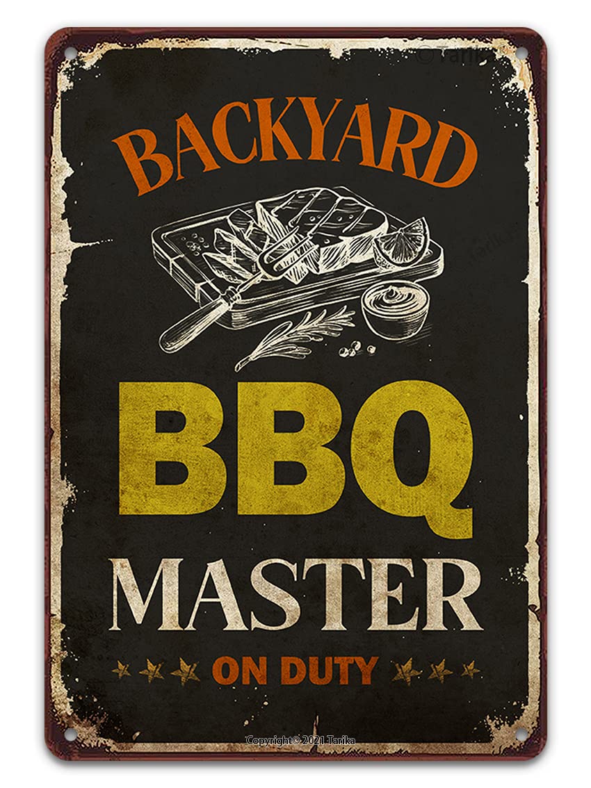 Backyard Bbq Master On Duty Vintage Tin Sign, Retro Art Metal Wall Decor Wall Decor Metal Sign Plaque Poster 8X12 Inches