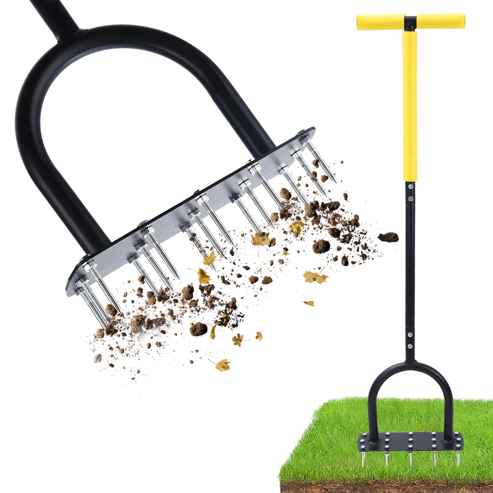 ROCKY&CHAO Lawn Aerator, Heavy Duty Manual Grass Aerator with 15 Sharp Metal Spikes & Extra Wide Foot Plate, Easy Step On Garden Soil Aeration Tool for Compacted Soil, Comfortable Cushioned T-Handle