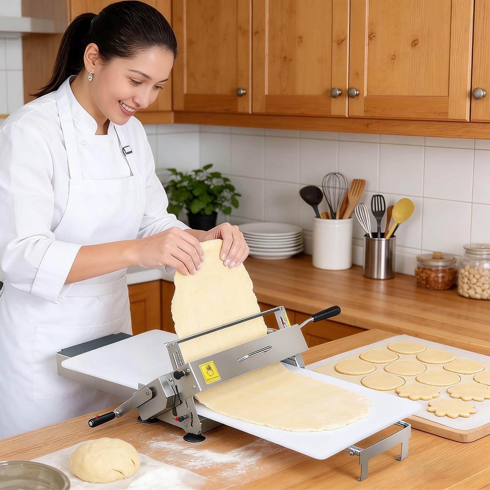 Máquina laminadora de masa manual, rodillo de repostería de acero inoxidable con grosor ajustable para panadería, pizza, croissant, 830 x 480 x 250 mm