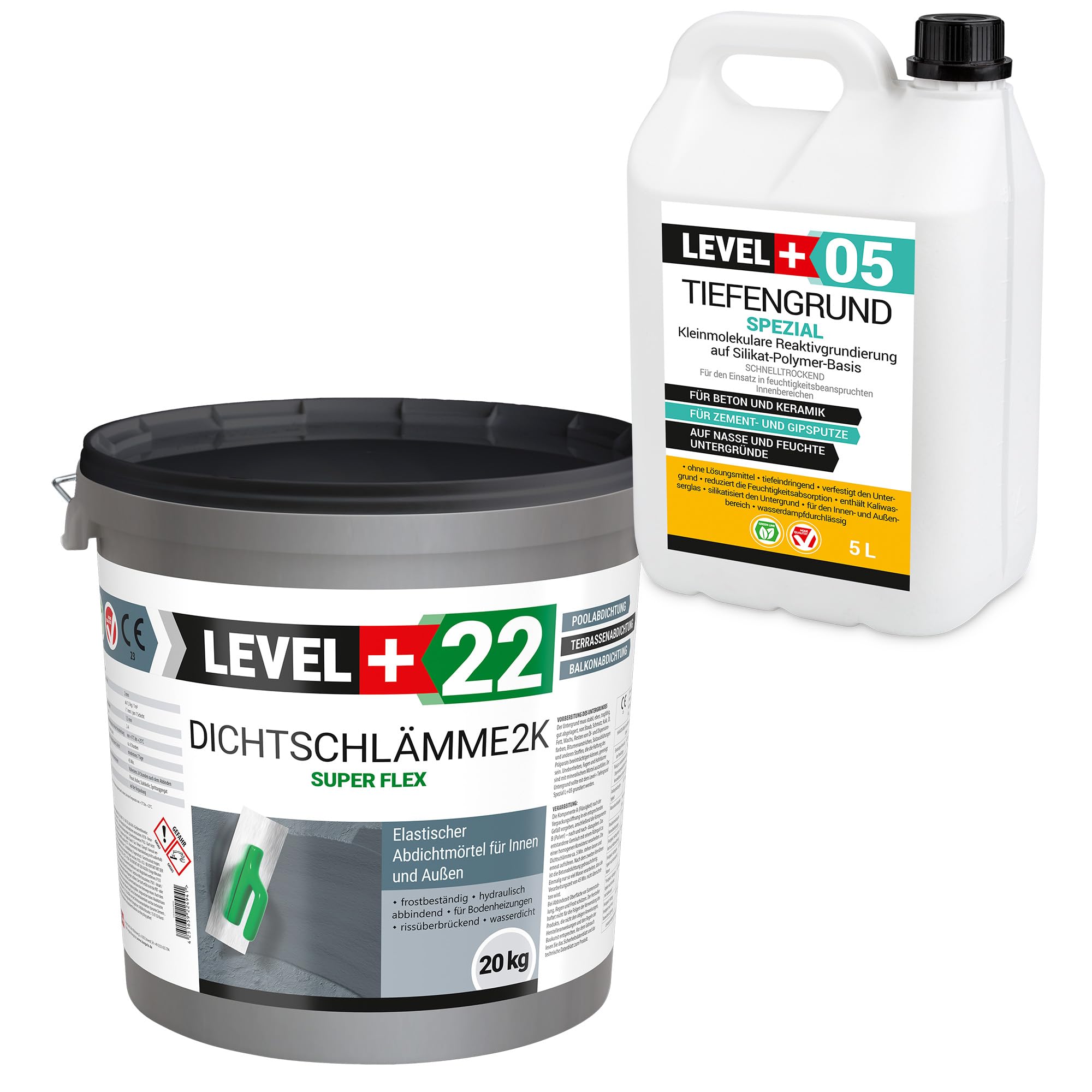 Dichtschlämme 2K Super Flex Set 20kg + 5L Tiefengrund, Hochelastische Abdichtung für Innen und Außen L+22, Schwimmbad, Terrasse, Balkone, Pool, Dusche