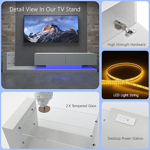 Miniatura 6 de YOUGUO Moderno soporte de TV LED para TV de 50, 55, 65, 70, 75, 80, 85 pulgadas, centro de entretenimiento con almacenamiento abierto y 2 gabinetes