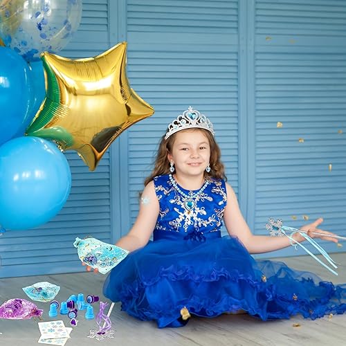 Miniatura 5 de 12 juegos de varita de copo de nieve y corona para niñas, regalos de fiesta de princesa, suministros de cumpleaños azul y morado con pulsera,