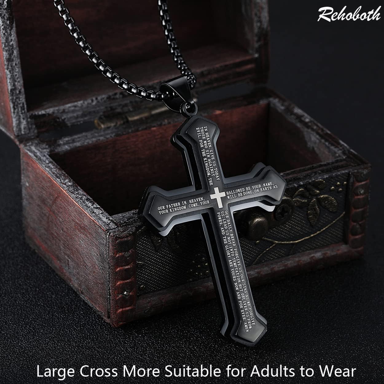 Rehoboth Men's Stainless Steel Nail Lord's Prayer Cross Pendant Necklace for Men Women Big Pendant and Strong Chain 24" - Image 2
