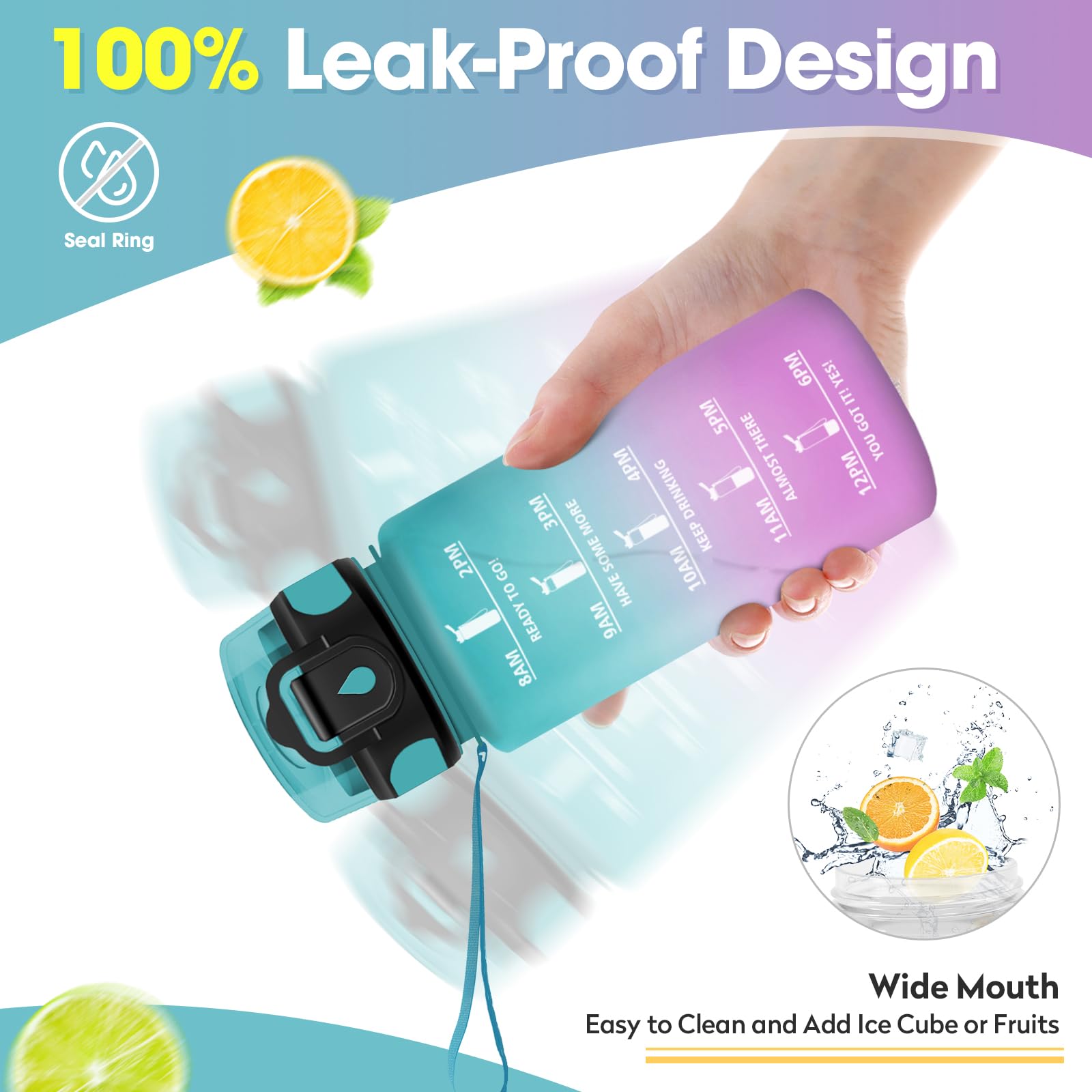 JAPORIA Borraccia Sport 500ml, Borraccia con Cannuccia, Indicatore del Tempo Motivazionale, Bottiglia Acqua per Fitness, Ciclismo, Bici, Scuola, Fitness