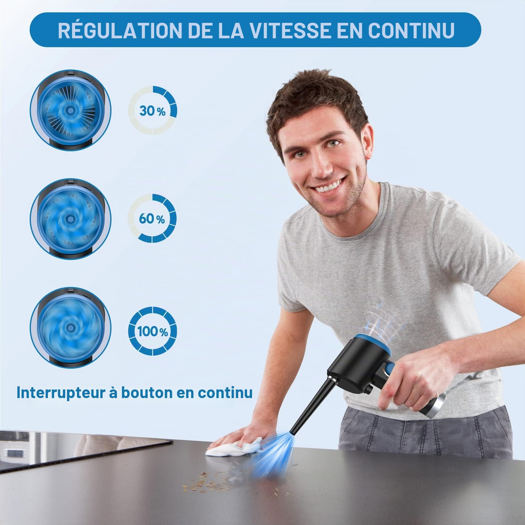 ATEngeus Dépoussiérant Puissants électrique, Dépoussiérant à air Comprimé à vitesse continue, Souffleur Air Comprimé pour le nettoyage du clavier, Souffleur PC d'air rechargeable