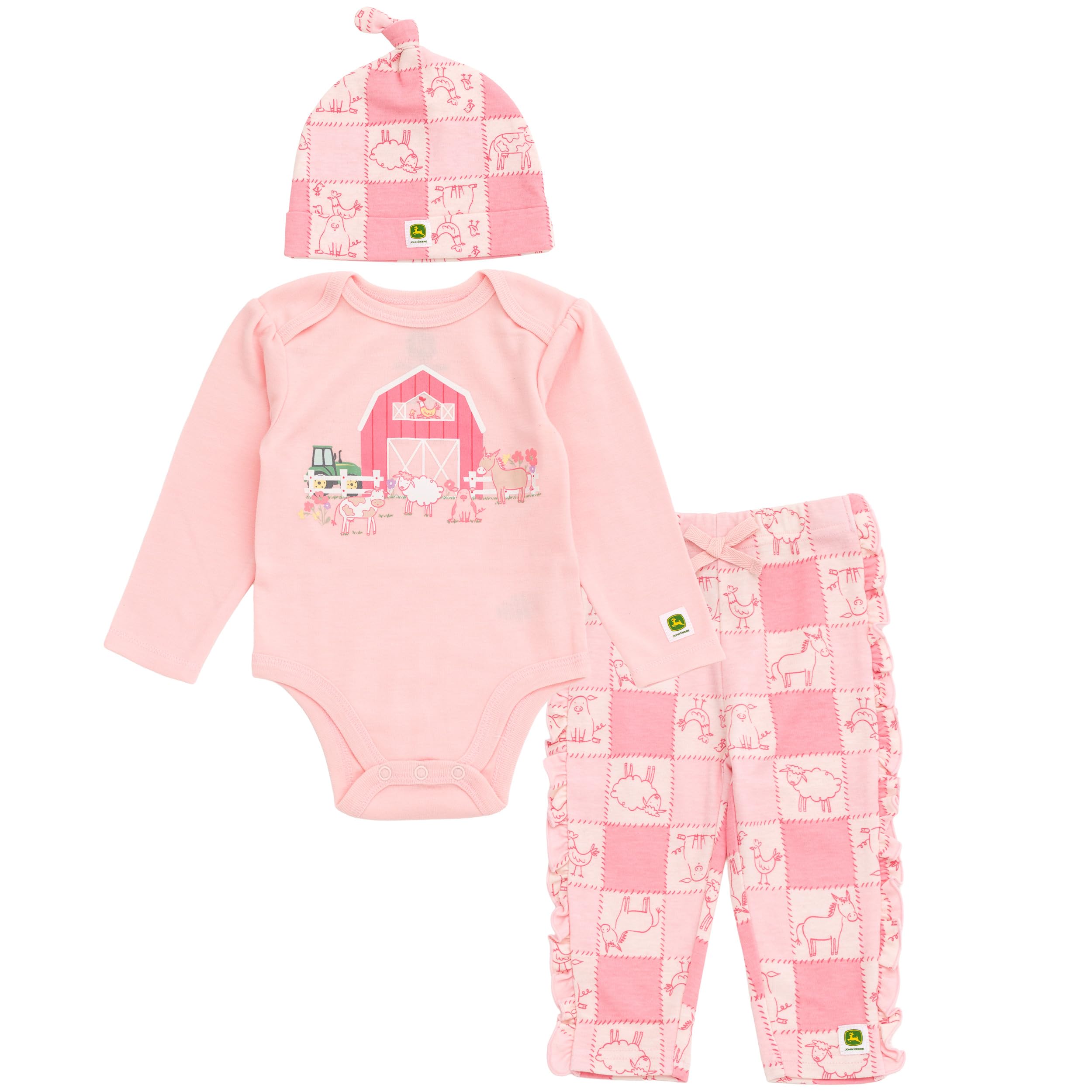 John Deere Farm Baby Girls Bodysuit Pants and Hat 3 Piece Outfit Set Newborn to Infant Sizes 3-6