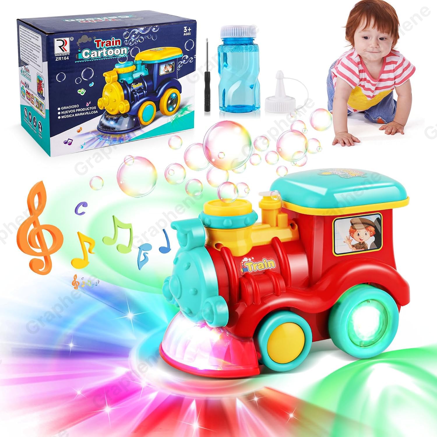 GRAPHENE Train Bubble Toy,Bubble Making Battery Operated Toy Train,Bubble Blowing Toy Car, 3D Colorful Lights & Sound Train Toy,Best Gift for Kids Boys Girls Children Pack of 1
