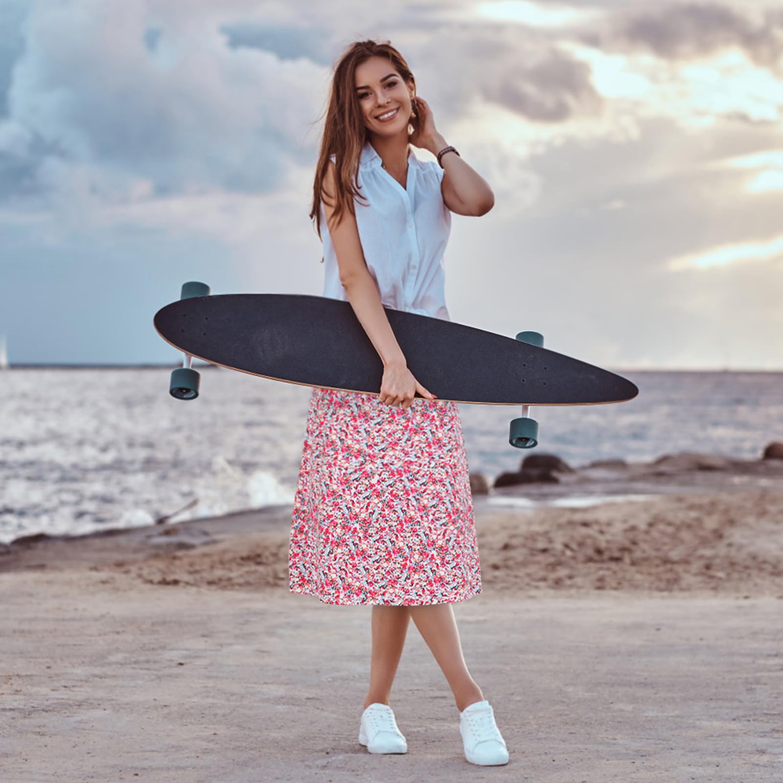 beroy Falda pantalón larga de 28 pulgadas para mujer con 2 bolsillos, falda modesta con pantalones cortos debajo de faldas largas de cintura alta