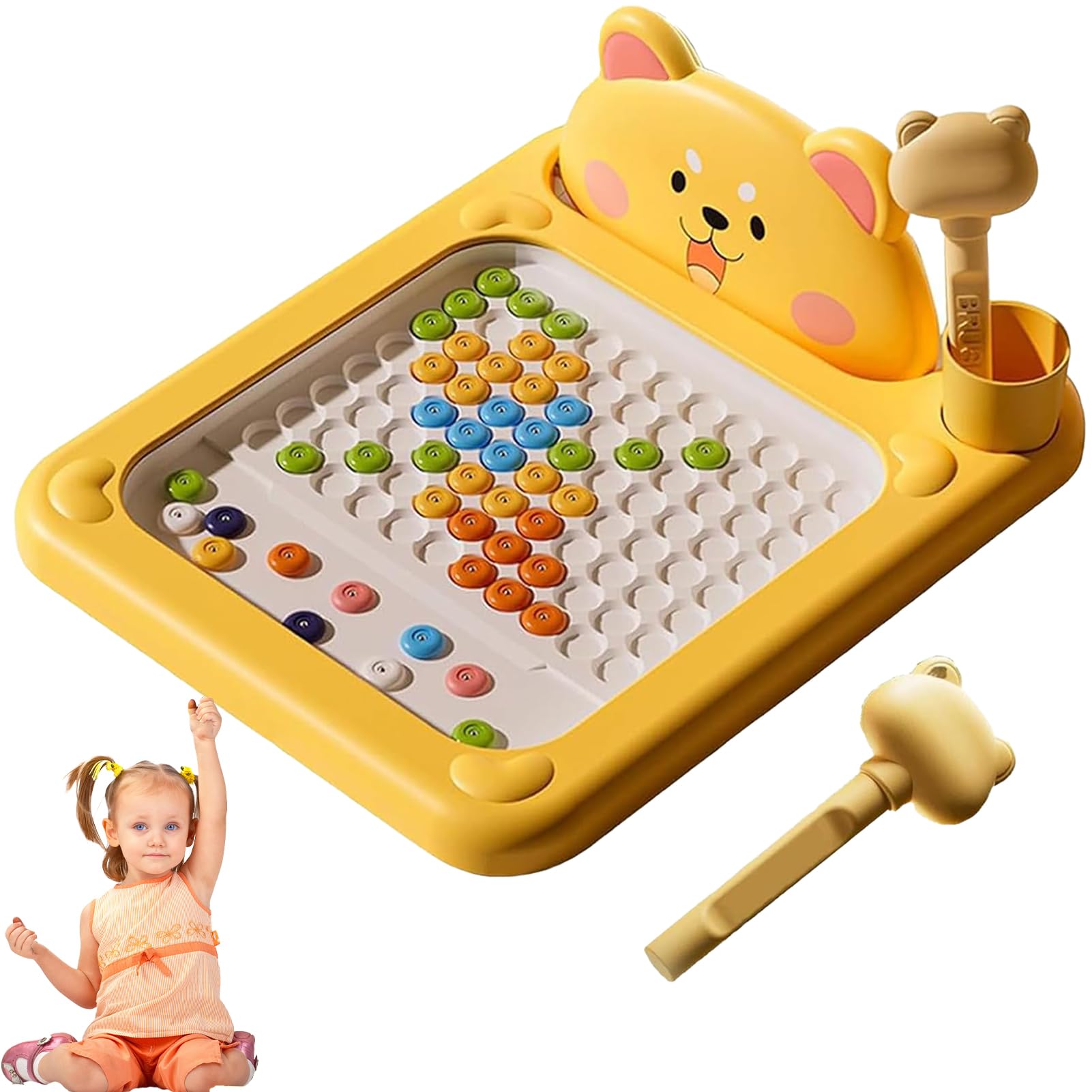 Cartoon Dot Art Board with Magnet Pen for Travel, Home, Educational Play, Shiba & Bear Design, Yellow, Large