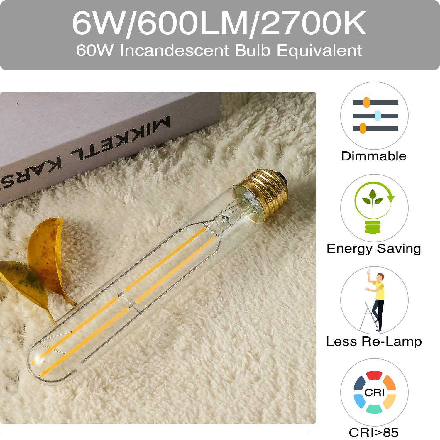 7 3Inch T10 Led Bulb 6W Dimmable Light Bulbs E26 Tubular Bulbs 60 Watt Warm White 2700K E26 — view 2