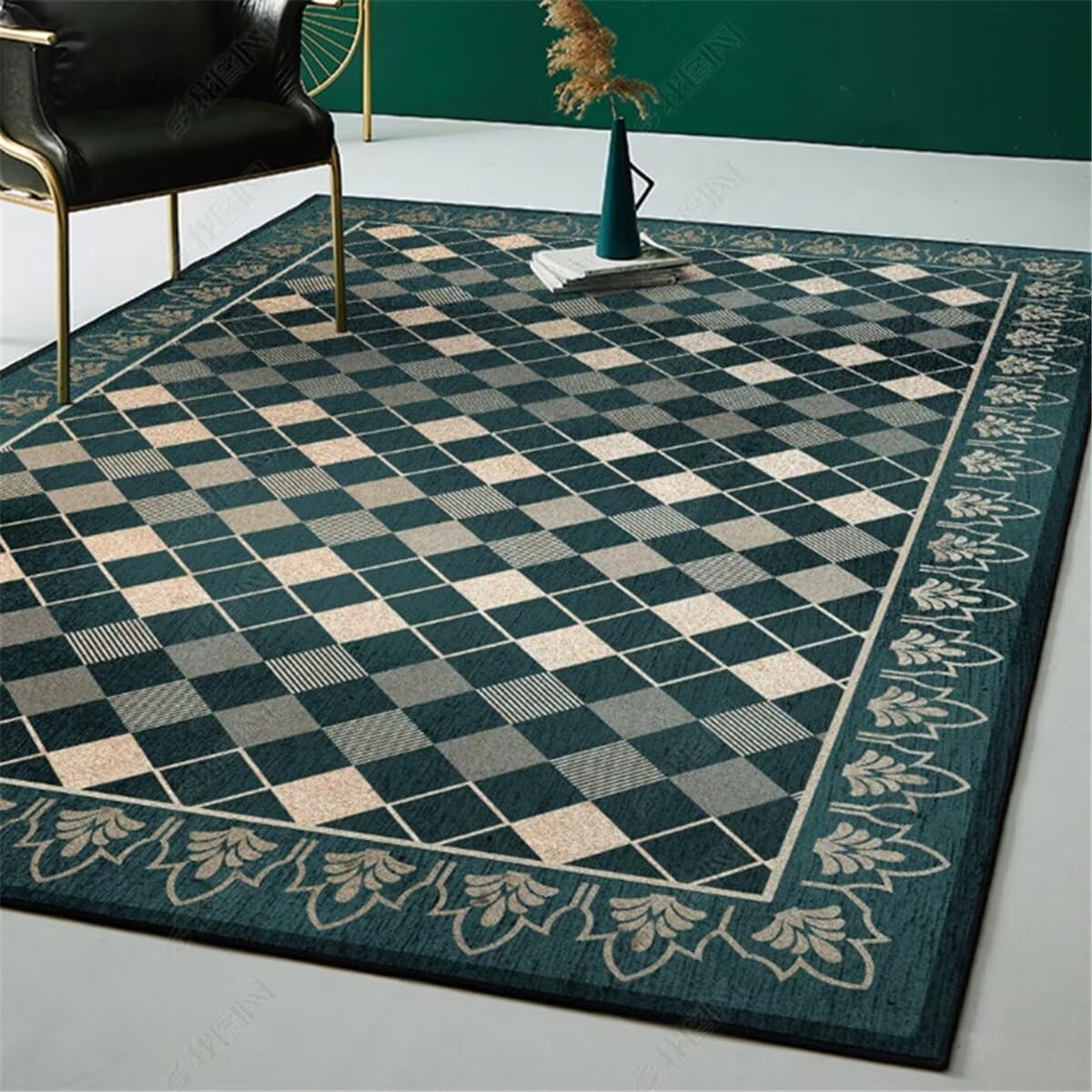 Tapis de salon vert à motif géométrique 70x140 cm pour salle à manger
