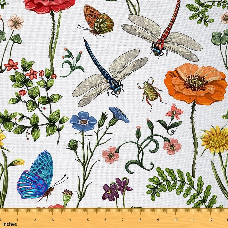 Feelyou The Yard, tela de tapicería de libélula, flor de amapola y mariposas por The Yard, tela decorativa floral colorida para tapicería y