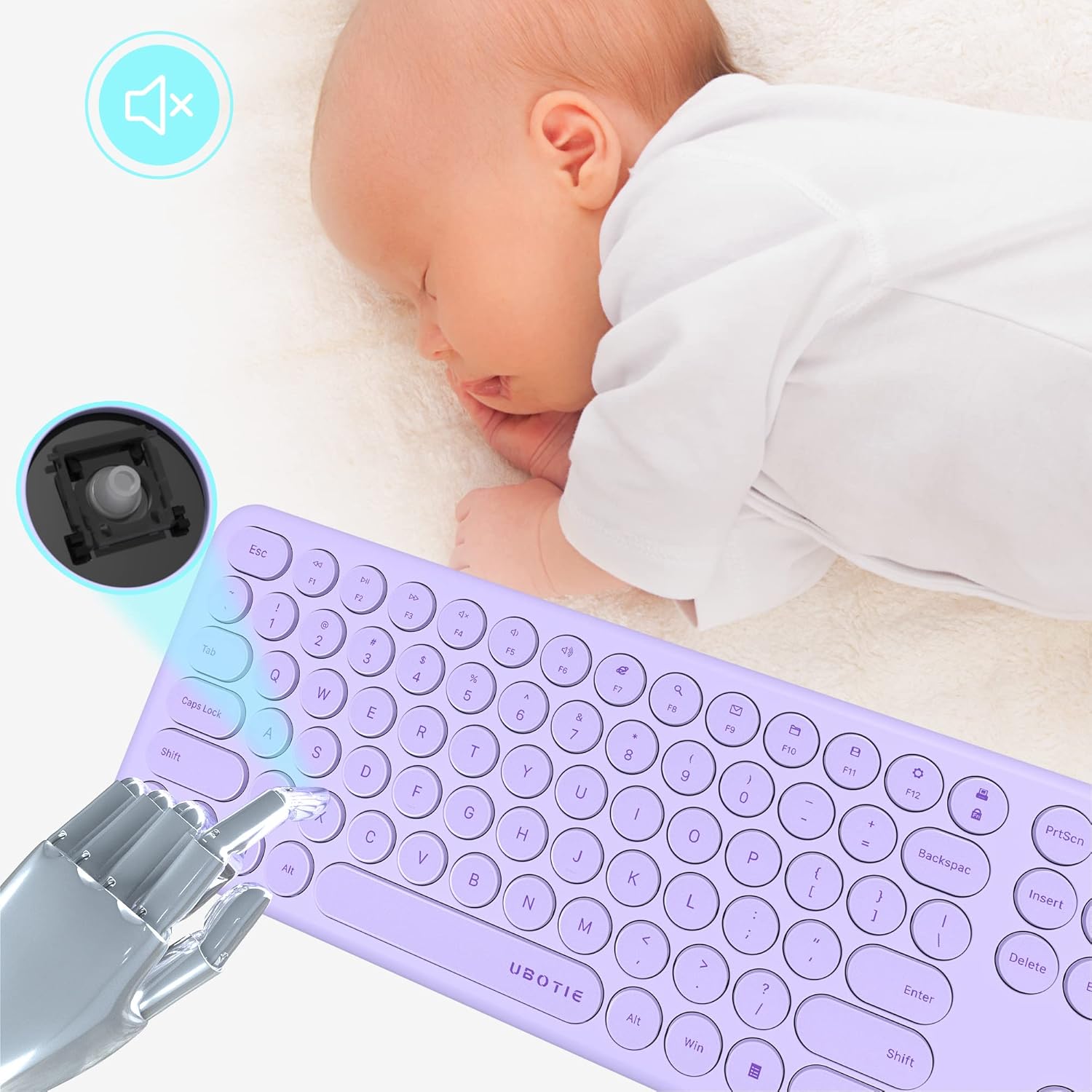 UBOTIE Wireless Keyboards and Mouse, Silent Scissor Switches Slim Keyboards Mice Set, Quiet Full Size 111 Keys with Adjustable Optical DPI Mouse for Office (Light Purple) - Image 4