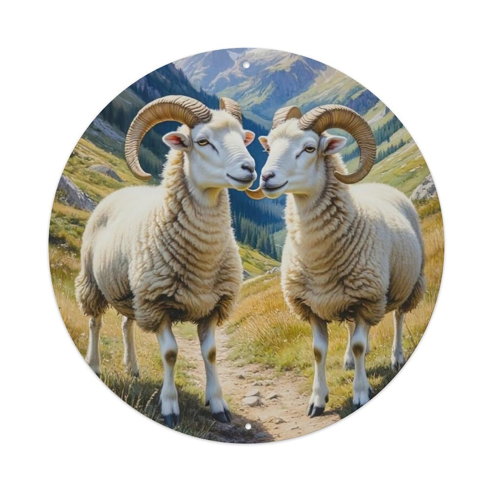 Animal Bighorn Sheep in Alpine Meadow with Snowy Peaks Scenery Vintage Metal Tin Sign Plaque Wall Decor for Cafe, Club Bar, Office, Garden Metal Poster 8x8Inch