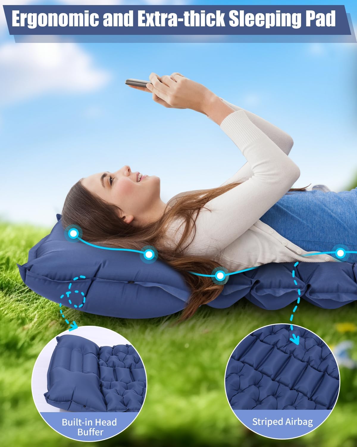 Matelas Camping Gonflable, Matelas Autogonflant avec Oreiller Intégré et Pompe à Pied, Ultraléger Matelas Gonflable 1 Place, Portable Matelas pour Camping, Randonnée, Aventure, Trekking, Bleu