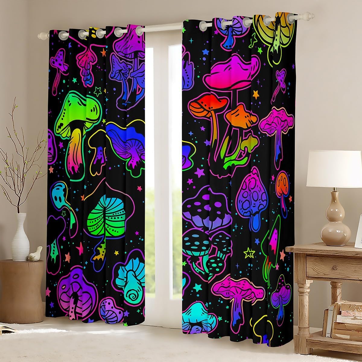 Cute Mushroom Decor Blackout Curtains(30%-50% ) Cartoon Mushrooms Curtain Rainbow Colorful Kawaii Fungus Darkening Window Drapes for Bedroom Children Decor Window Treatments (2 Panels, 52 x 90 Inch)