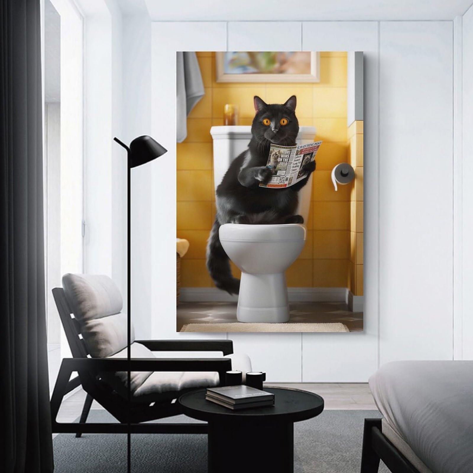Junmoney Unframe-Style-7 Wall Picture Print Black Cat On The Toilet, 20X30inch(50X75cm), For Entrance Walls, Hall Decor Or Foyers, Home Artwork For First Impressions