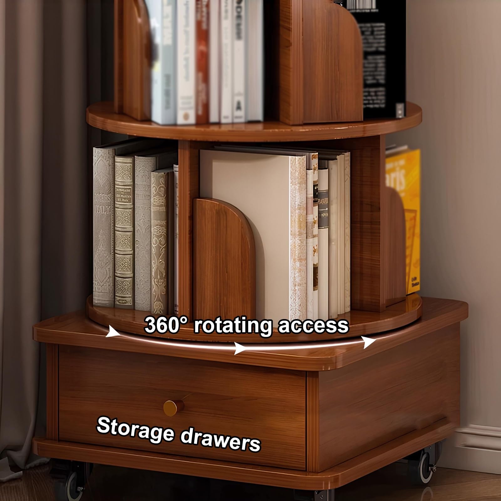 Bibliothèque Rotative ZEOPLE 2 Niveaux En Bambou - Étagère Pivotante 360° Réglable 36x50x65cm