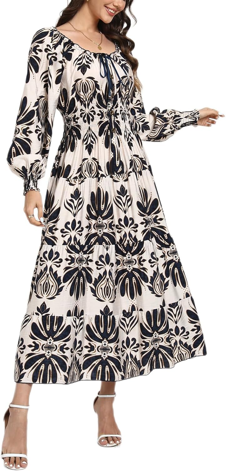 OSTOO Women's 2025 Casual Long Sleeve Square Neck Smocked High Waist Flowy Maxi Dress,Boho Tiered Beach Party Dress